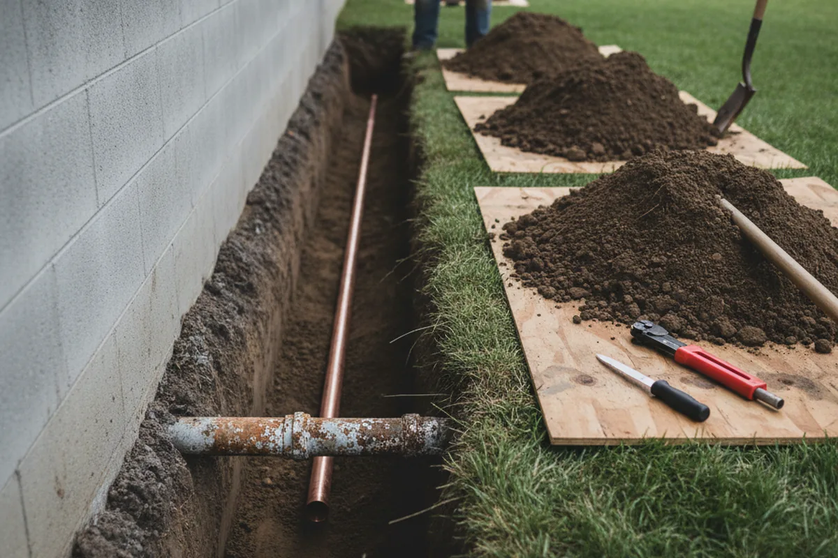 Excavated water line trench during Sewer Line Repair in Fallon